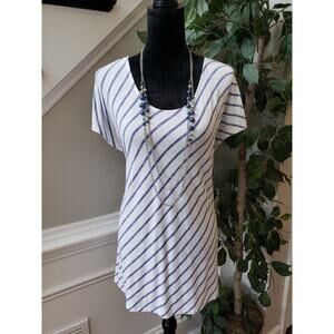 Chico's Top Blouse Size 2/L Blue & White Striped Short Sleeve Round Neck